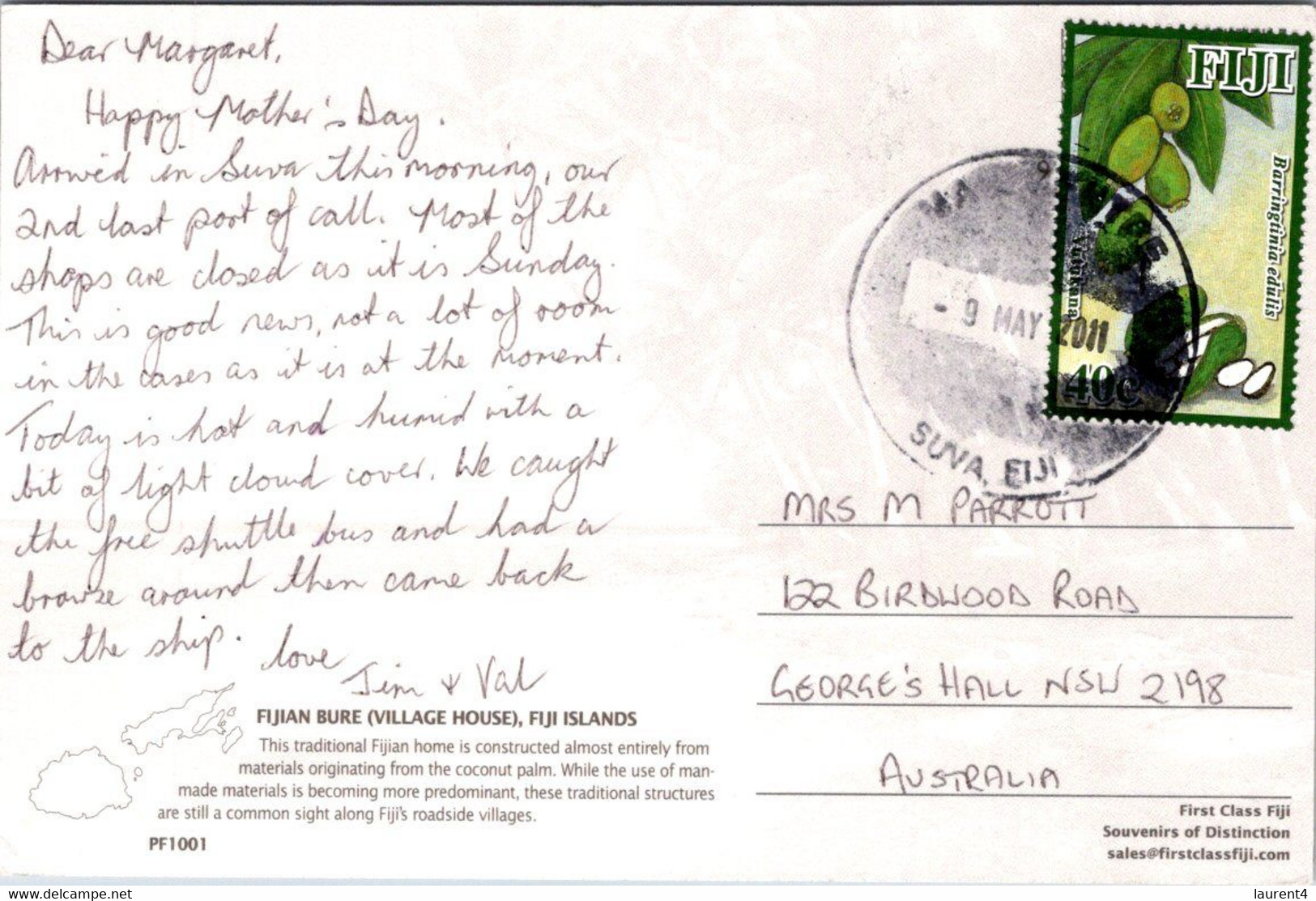 (2 P 3) Fiji Posted To Australia - 2011 - Bure (village House) FRUIT Stamp - Fidji