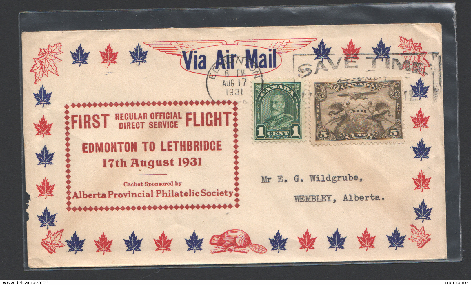 1931  First Regular Official Direct Flight Edmonton To Lathbridge  Flight 3153b - Erst- U. Sonderflugbriefe