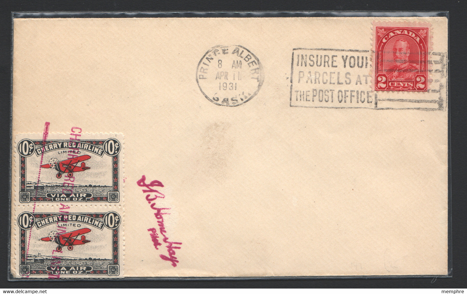 1931  Semi-Official Air Mail Prince Albert SK To Pelicn Narrrows CL46 Pair Unaddressed - Viñetas Locales Y Privadas