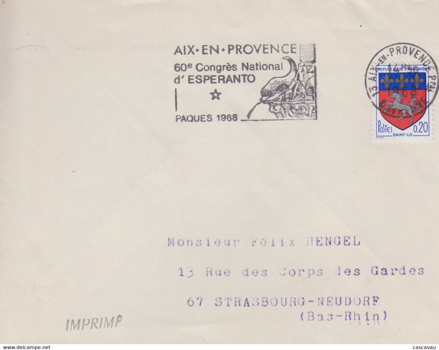 Enveloppe  FRANCE  CONGRES   ESPERANTO    AIX  EN  PROVENCE    1968 - Esperanto