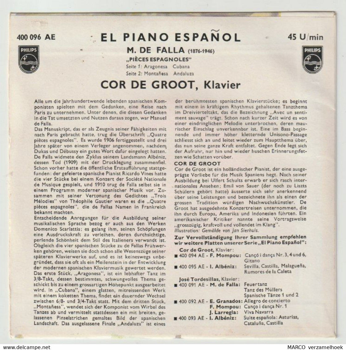 45T Single Cor De Groot - El Piano Español PHILIPS Minigroove 400 096 - Opere