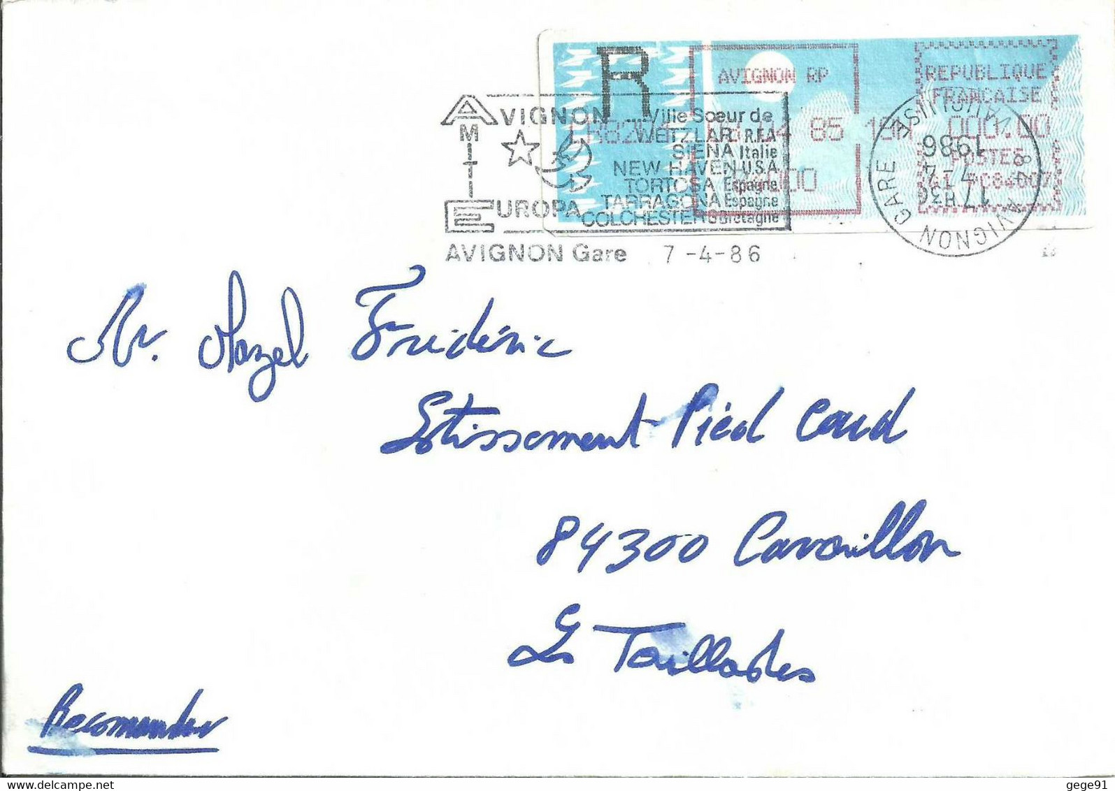 Vignette D'affranchissement - MOG - Avignon - Vaucluse - Lettre Recommandée - 1985 Carta « Carrier »