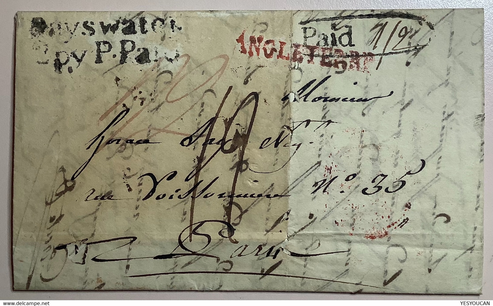 BAYSWATER / 2 PY P.PAID (London Westminster GB)1824 Entire>Paris France"ANGLETERRE" (cover Lettre Horse Cheval - ...-1840 Vorläufer