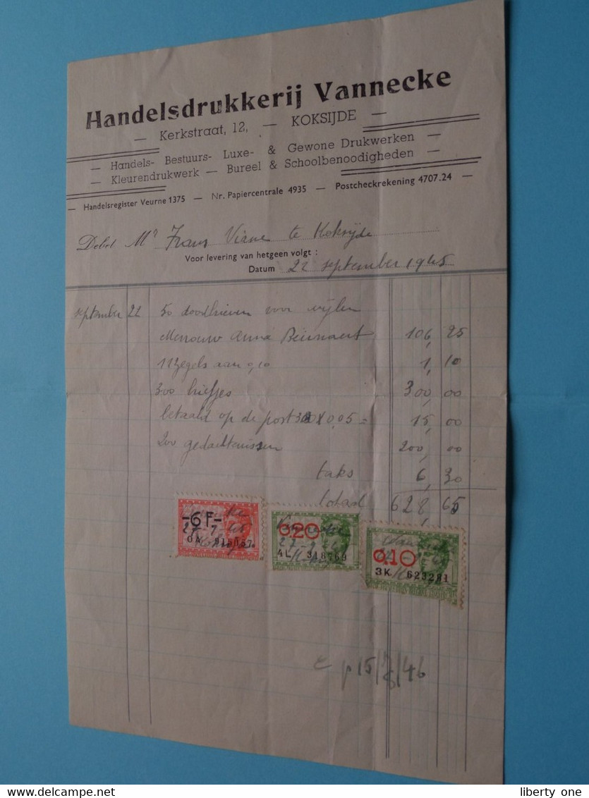 Handelsdrukkerij VANNECKE > Kerkstraat KOKSIJDE ( Drukkerij ) Anno 1945 ( Zie / Voir Scans ) 1 Stuk ! - Drukkerij & Papieren