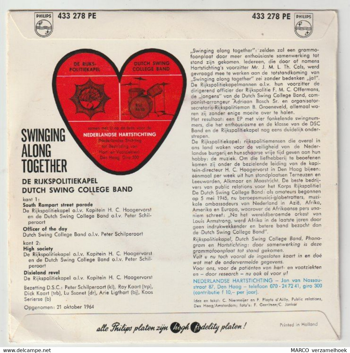 45T Single Dutch Swing College Band - De Rijkspolitiekapel 1964 PHILIPS 433 278 - Otros - Canción Neerlandesa