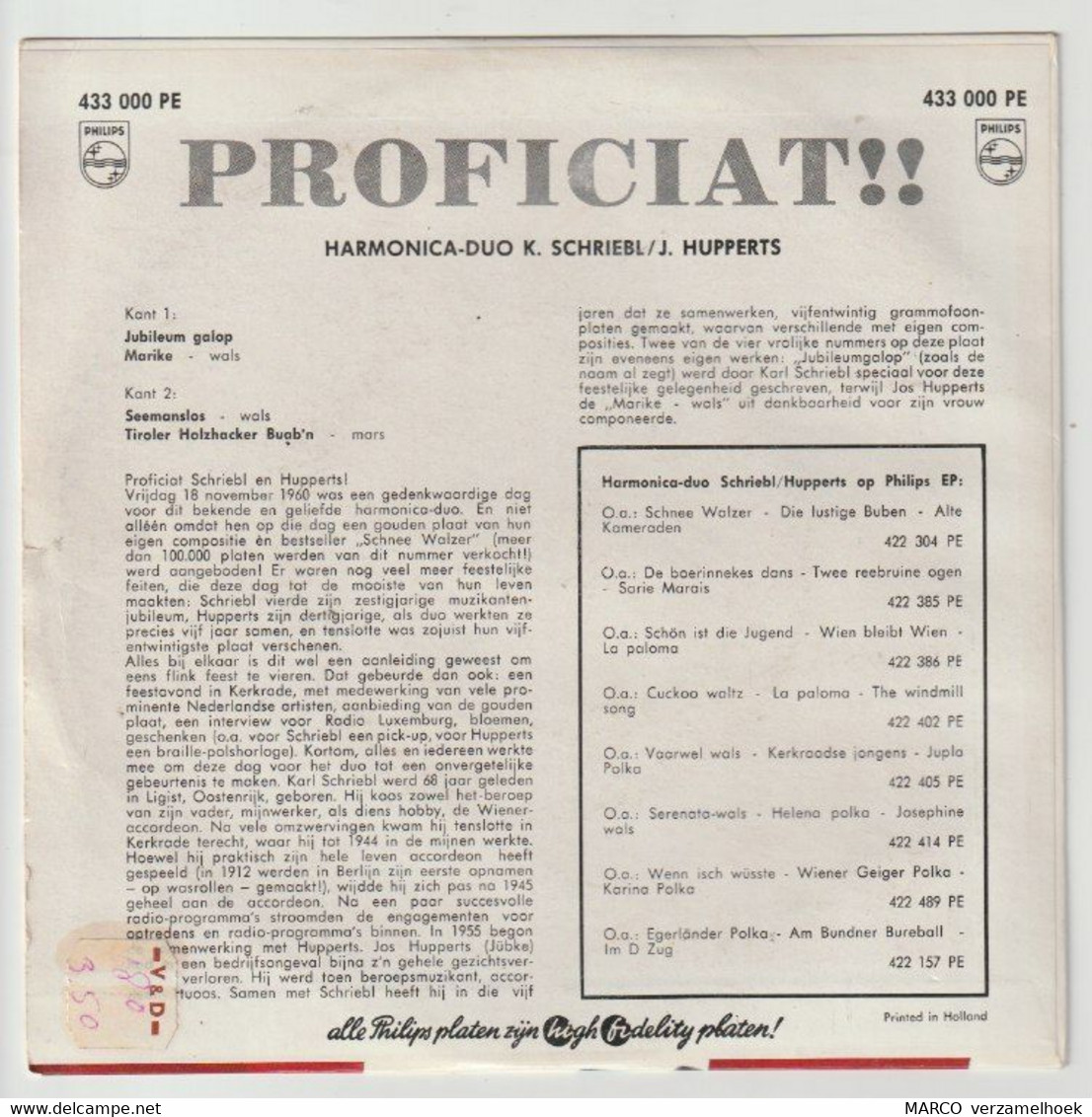 45T Single Harmonica-duo - Proficiat 1960 PHILIPS 433 000 - Otros - Canción Neerlandesa