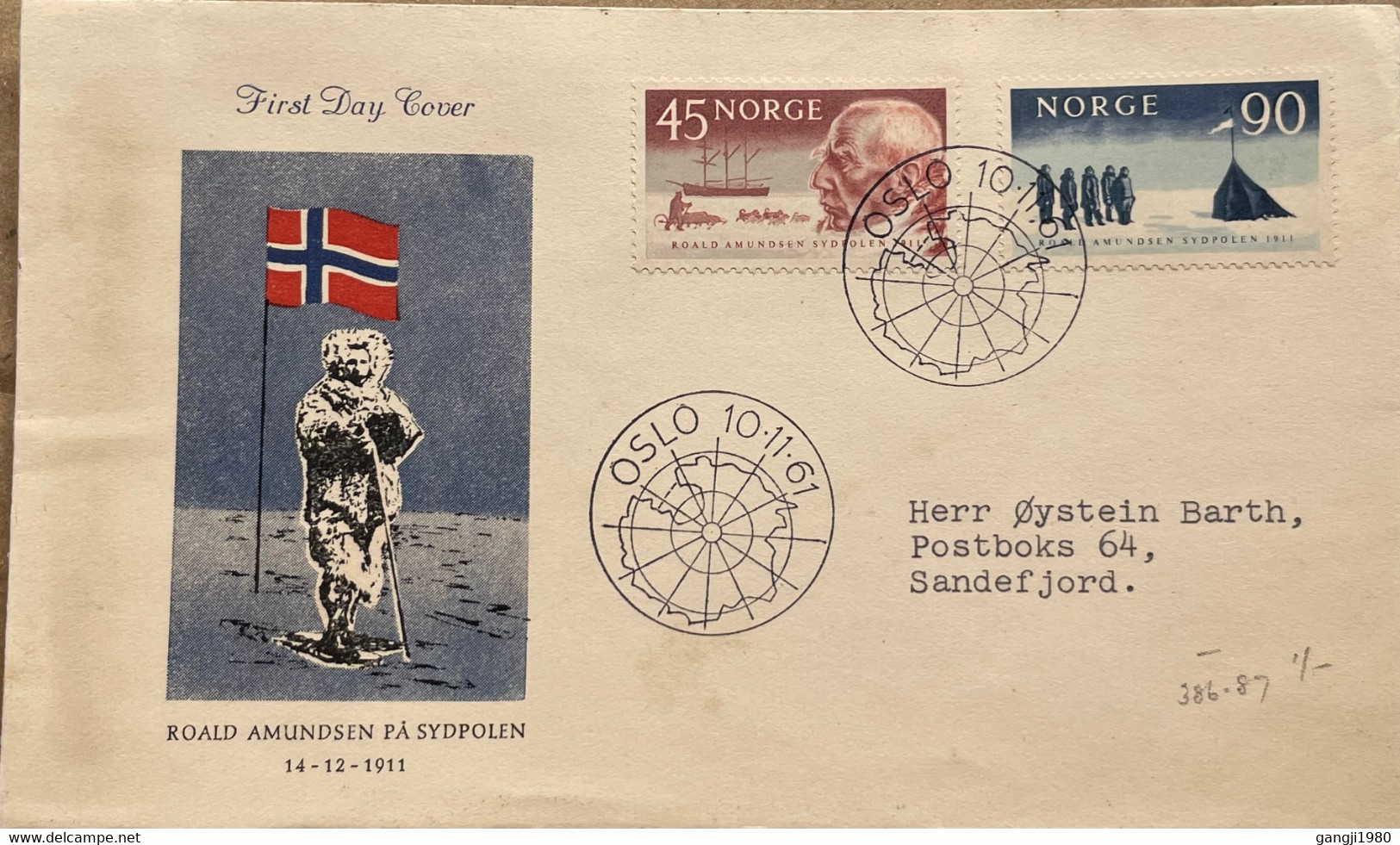 NORWAY 1961, FDC PRIVATE COVER, ILLUSTRATE FLAG, AMUNDSEN'S ARRIVAL AT SOUTH POLE, PARTY & TENT, 2 STAMP, OSLO CITY CANC - Covers & Documents