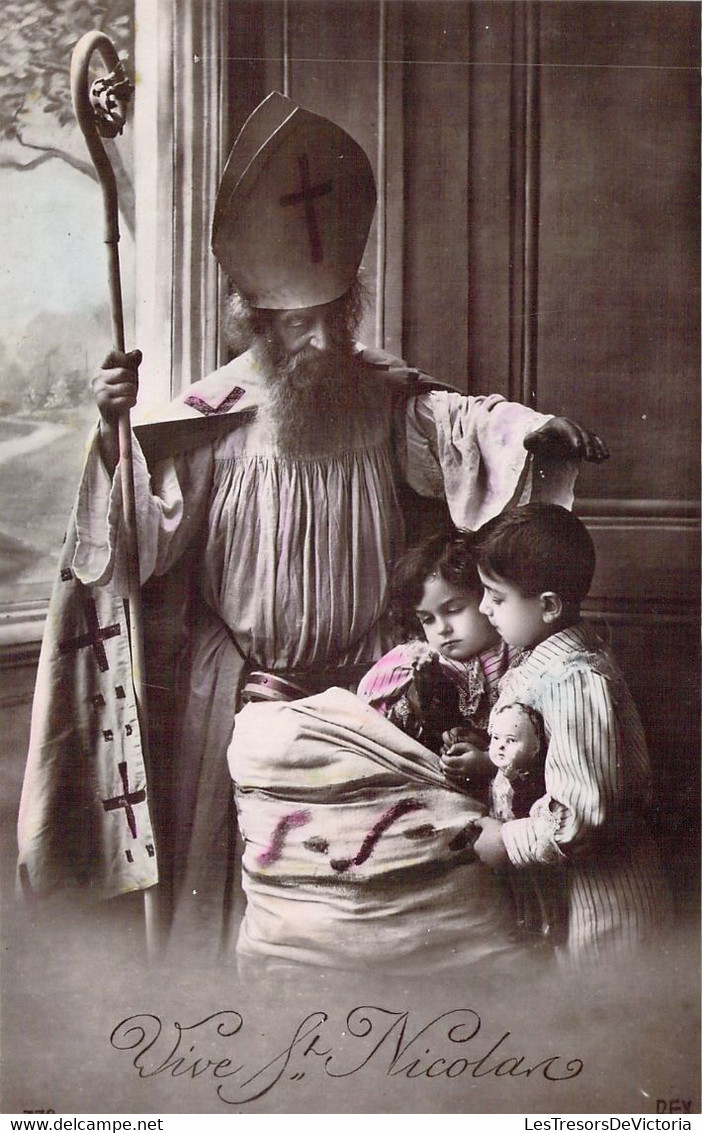 FANTAISIE - Vive St Nicolas - Enfants Et St Nicolas Carte Postale Ancienne - Saint-Nicholas Day