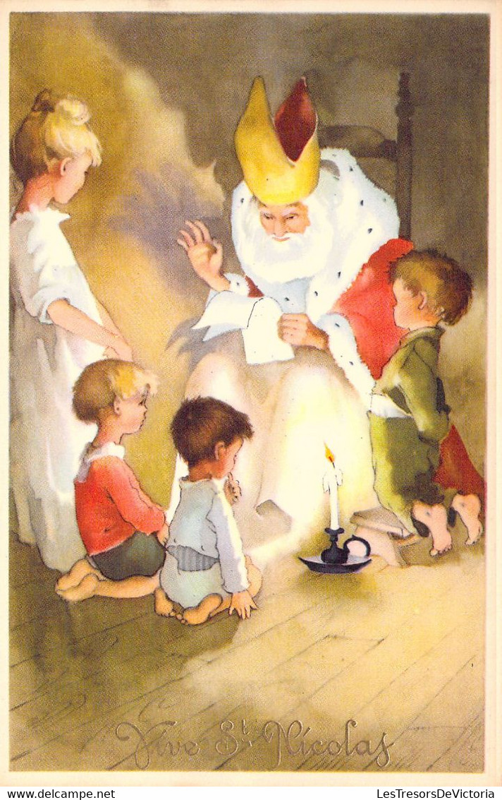 FANTAISIE - Illustration Non Signée - Vive St Nicolas - Enfants Et St Nicolas Carte Postale Ancienne - Saint-Nicholas Day