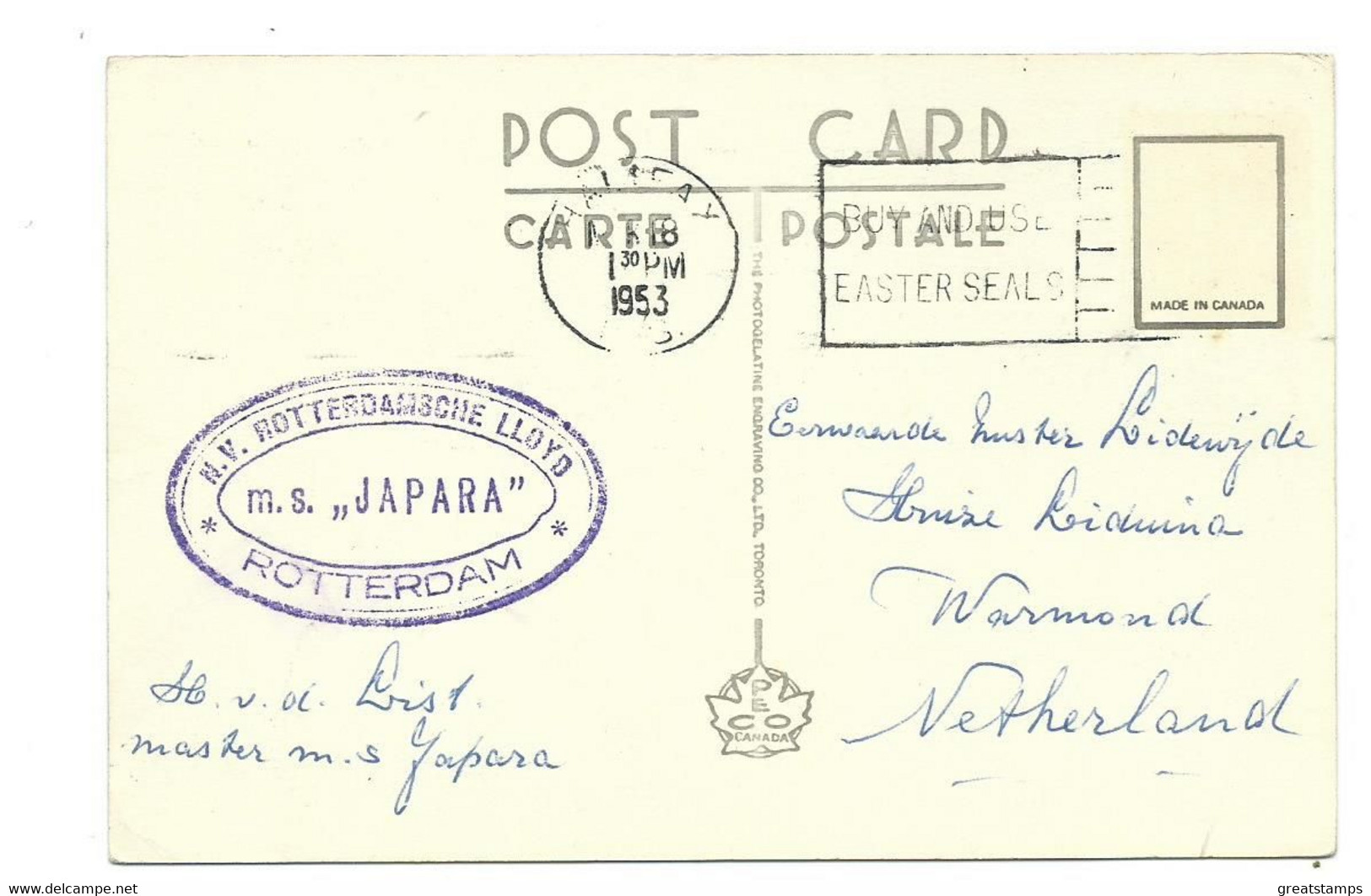 Canada  Postcard Nova Scotia Ship Mail Halifax Barrington Street No Stamp 1953  On M.s.japara - Halifax