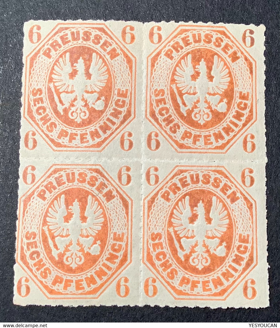 Preussen Mi 15a ** Postfrisch & * Tadelloser 4er-Block 1861 6 Pf Orange  (Prussia  XF MNH+MH OG Bloc Of Four - Postfris