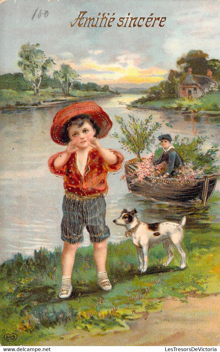 ENFANTS - Illustration Non Signée Enfant Et Son Chien Et Barque Remplie De Fleurs - Carte Postale Ancienne - Szenen & Landschaften