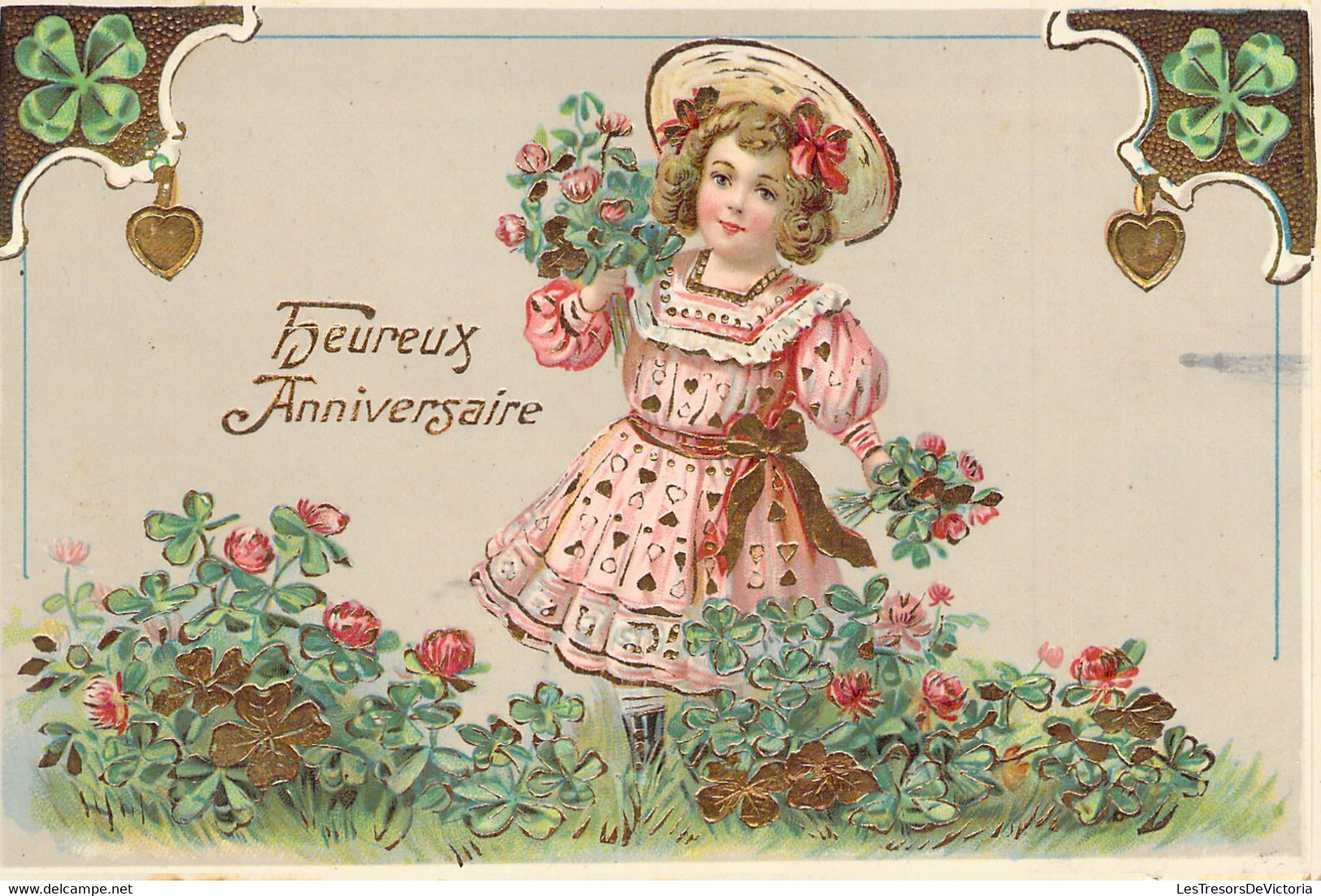 ENFANTS - Illustration Non Signée - Enfant En Robe Rose - Fleurs Et Trèfles - Carte Postale Ancienne - Szenen & Landschaften