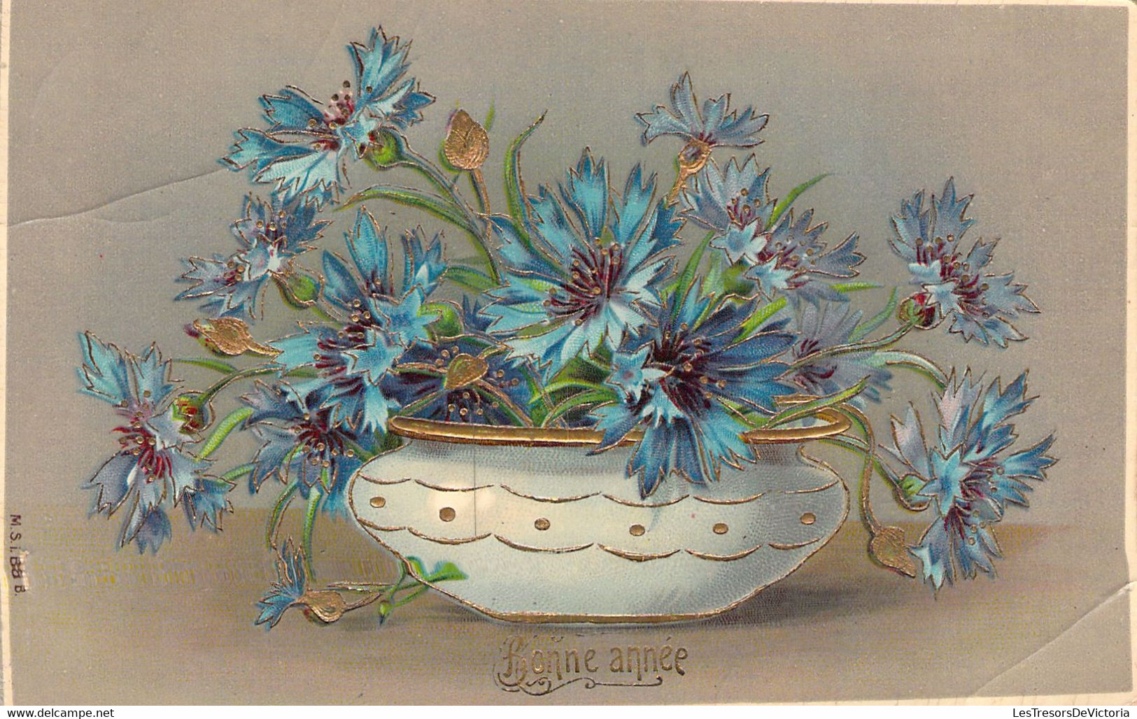 FLEURS - Illustration Non Signée - Fleurs Bleues Dans Un Vase Blanc - Carte Postale Ancienne - Blumen