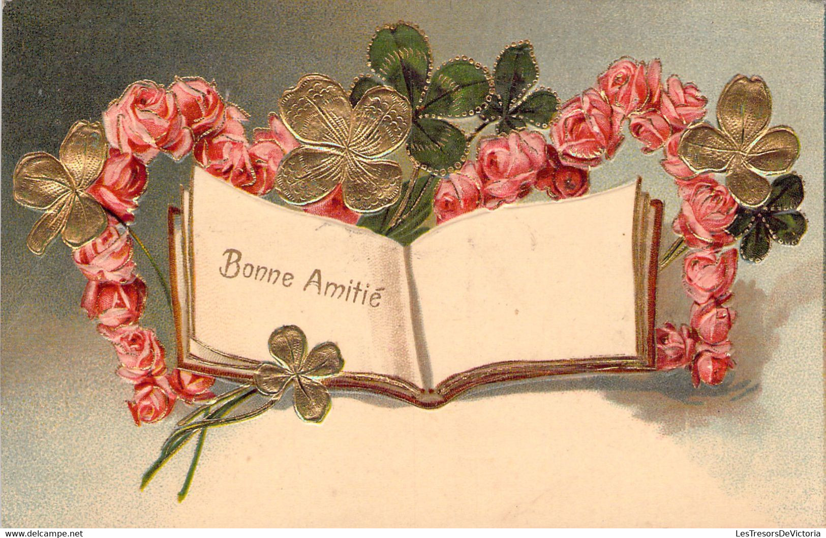 FLEURS - Illustration Non Signée - Roses Et Trèfle - Livre Ouvert - Carte Postale Ancienne - Flores