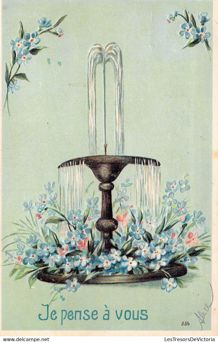 ENFANTS - Illustration Non Signée - Fleurs Bleues Sous Une Fontaine - Carte Postale Ancienne - Flores