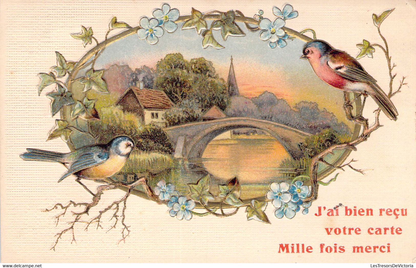 FLEURS - Illustration Non Signée - Paysage Mésange Pont Et Fleurs Bleues - Carte Postale Ancienne - Flores