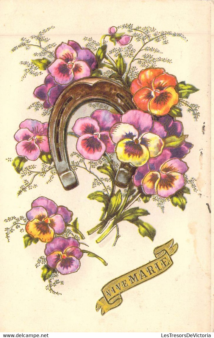 FLEURS - Pensées Accrochée à Un Fer à Cheval - Vive Marie - Carte Postale Ancienne - Other & Unclassified