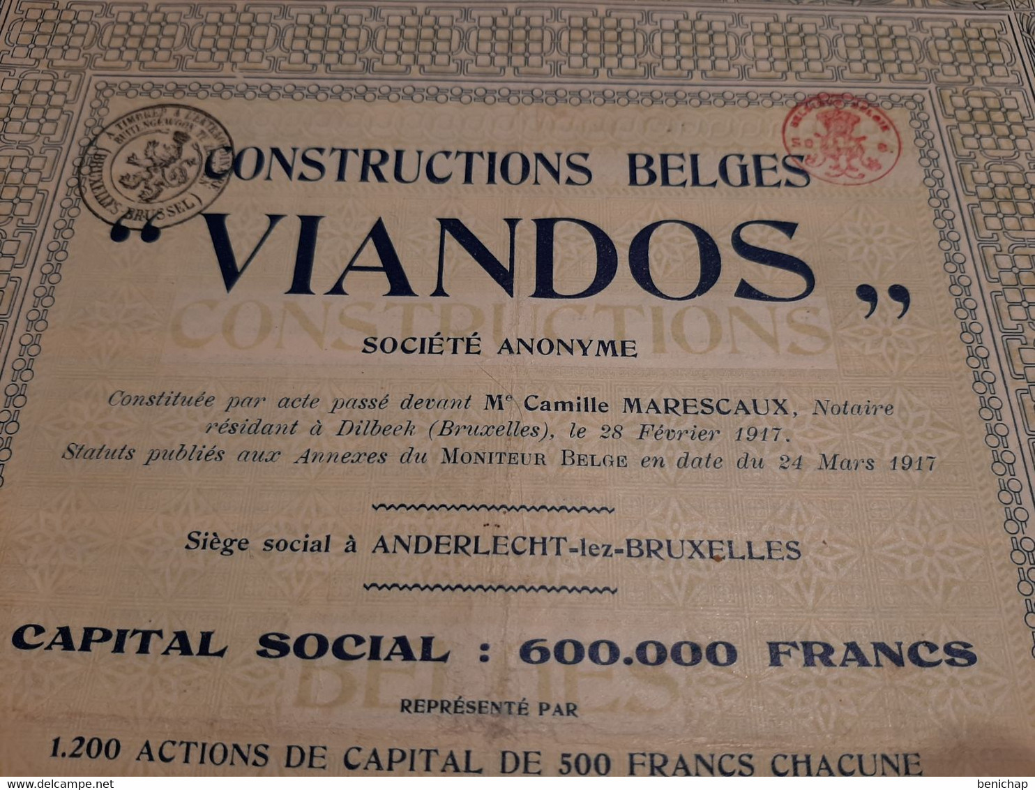 Constructions Belges " Viandos " S.A. -  Action De 500 Frs. Au Porteur - Anderlecht-lez-Bruxelles 24 Mars 1917. - Industrie