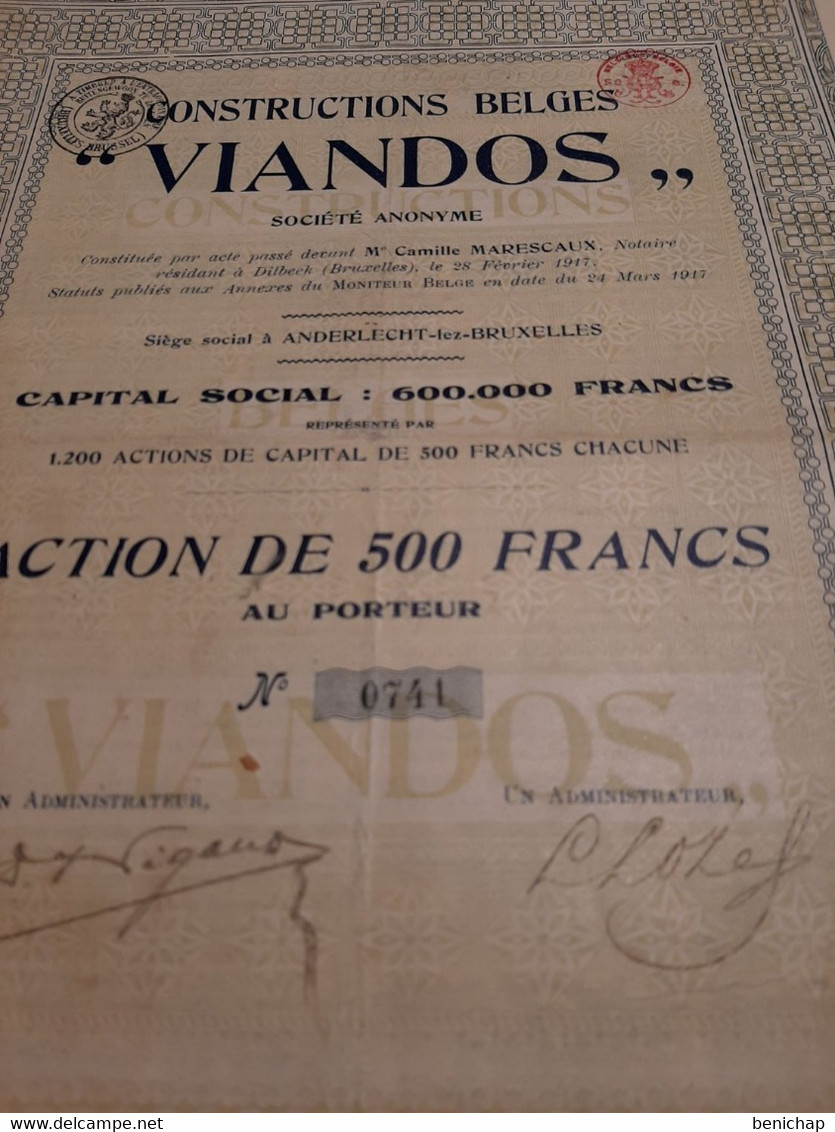 Constructions Belges " Viandos " S.A. -  Action De 500 Frs. Au Porteur - Anderlecht-lez-Bruxelles 24 Mars 1917. - Industrie