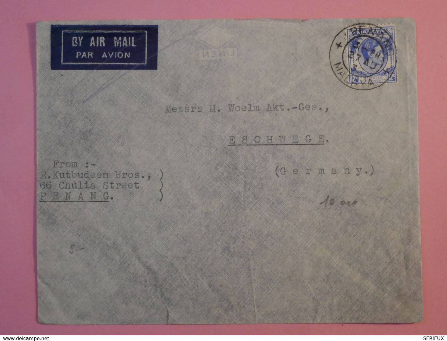 BP5 MALAYA  BELLE LETTRE  1928 PENANG  A ESCHWEGE GERMANY   +AFF. INTERESSANT ++ ++ - Penang