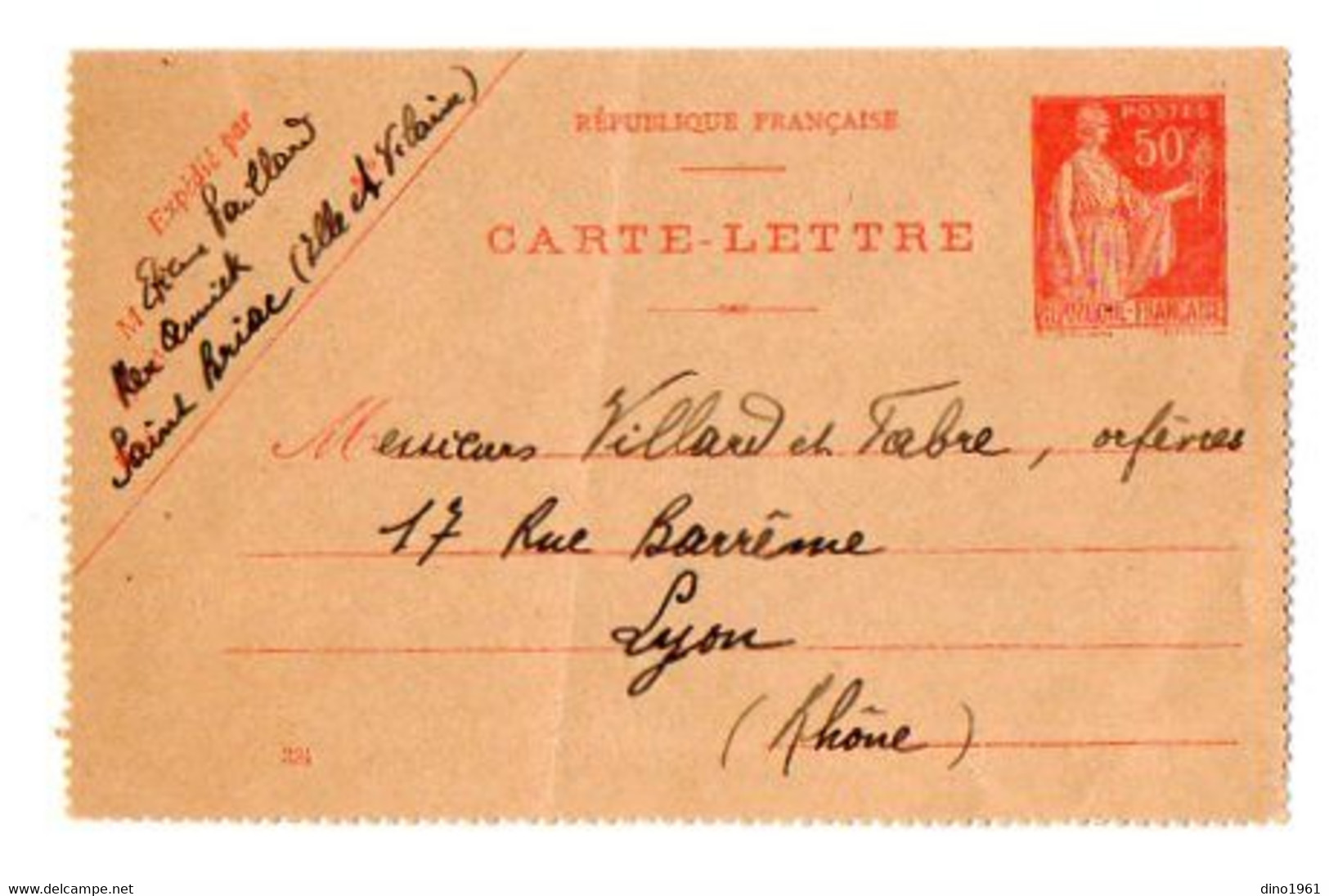 TB 4038 - 1925 - Entier Postal - Mr PAILLARD à SAINT BRIAC X VITRY LE FRANCOIS Pour Mrs VILLARD & FABRE Orfèvres à LYON - Kaartbrieven