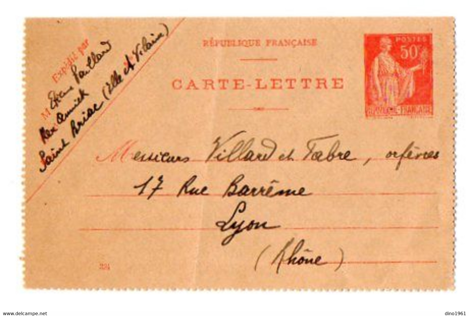 TB 4038 - 1925 - Entier Postal - Mr PAILLARD à SAINT BRIAC X VITRY LE FRANCOIS Pour Mrs VILLARD & FABRE Orfèvres à LYON - Cartoline-lettere