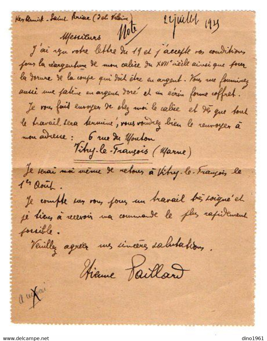 TB 4038 - 1925 - Entier Postal - Mr PAILLARD à SAINT BRIAC X VITRY LE FRANCOIS Pour Mrs VILLARD & FABRE Orfèvres à LYON - Cartes-lettres