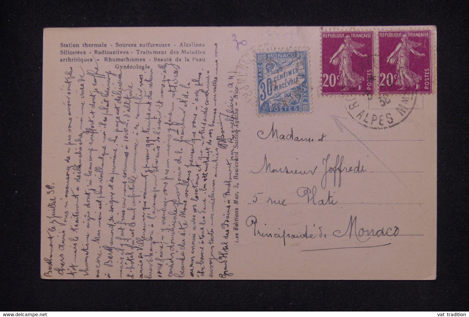 MONACO - Taxe De Monte Carlo En 1938 Sur Carte Postale De France - L 141897 - Cartas & Documentos