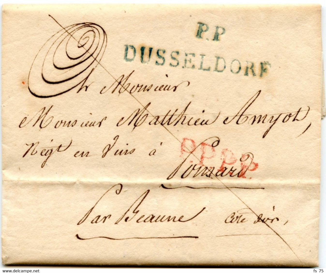 ALLEMAGNE - DUSSELDORF + P.P. BLEU SUR LETTRE AVEC TEXTE POUR LA FRANCE, 1810 - Prefilatelia