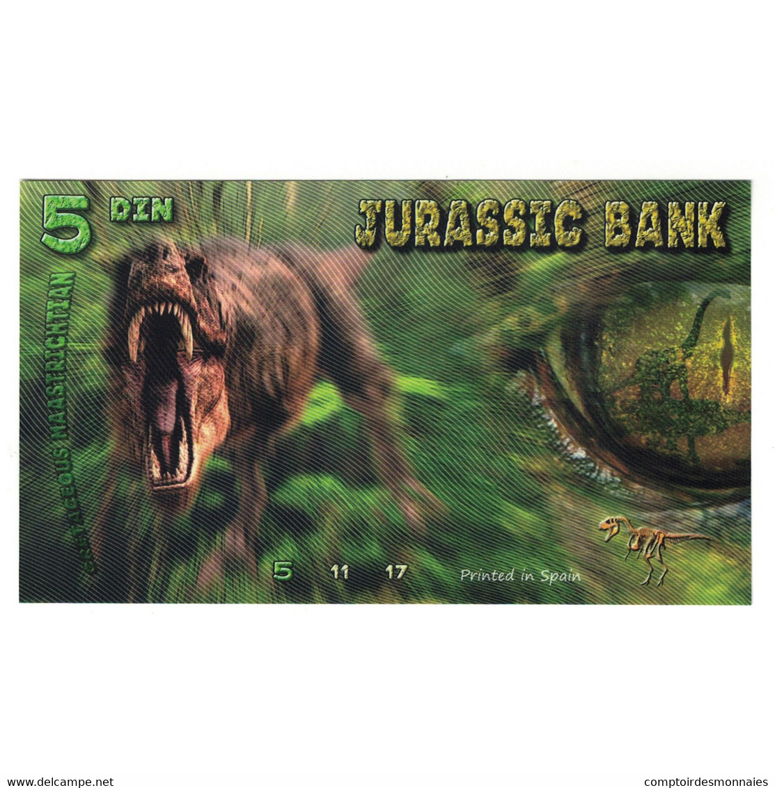 Billet, Espagne, Billet Touristique, 2015, JURASSIC BANK 5 DIN, NEUF - [ 7] Fehldrucke