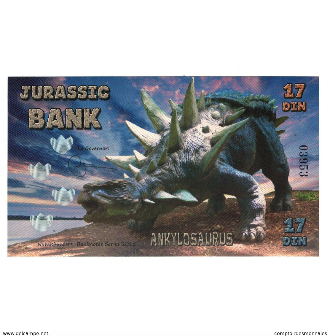 Billet, Espagne, Billet Touristique, 2015, JURASSIC BANK 17 DIN, NEUF - [ 7] Fautés & Variétés