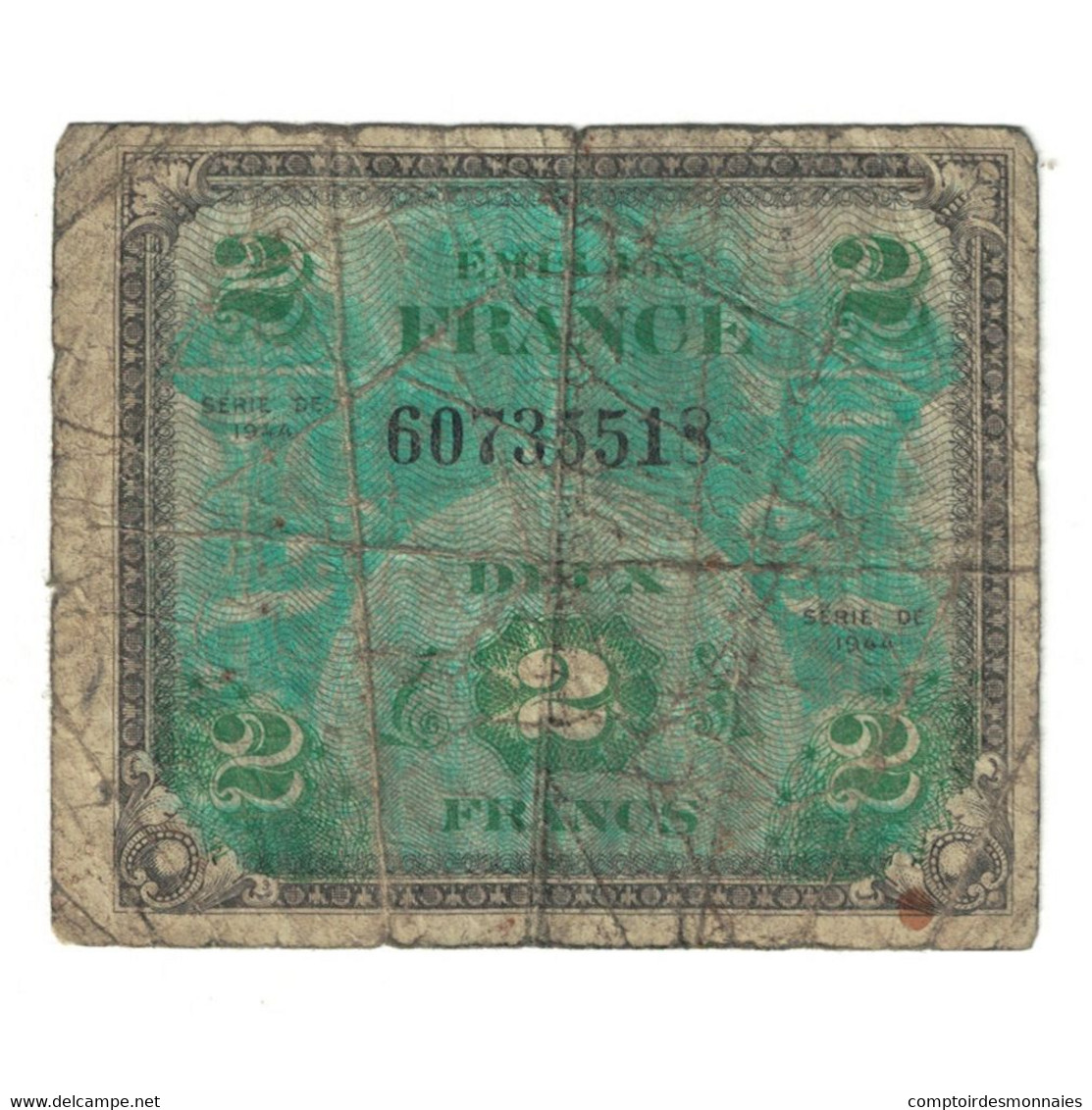 France, 2 Francs, Drapeau/France, 1944, B+, Fayette:16.3, KM:114a - 1944 Drapeau/Francia