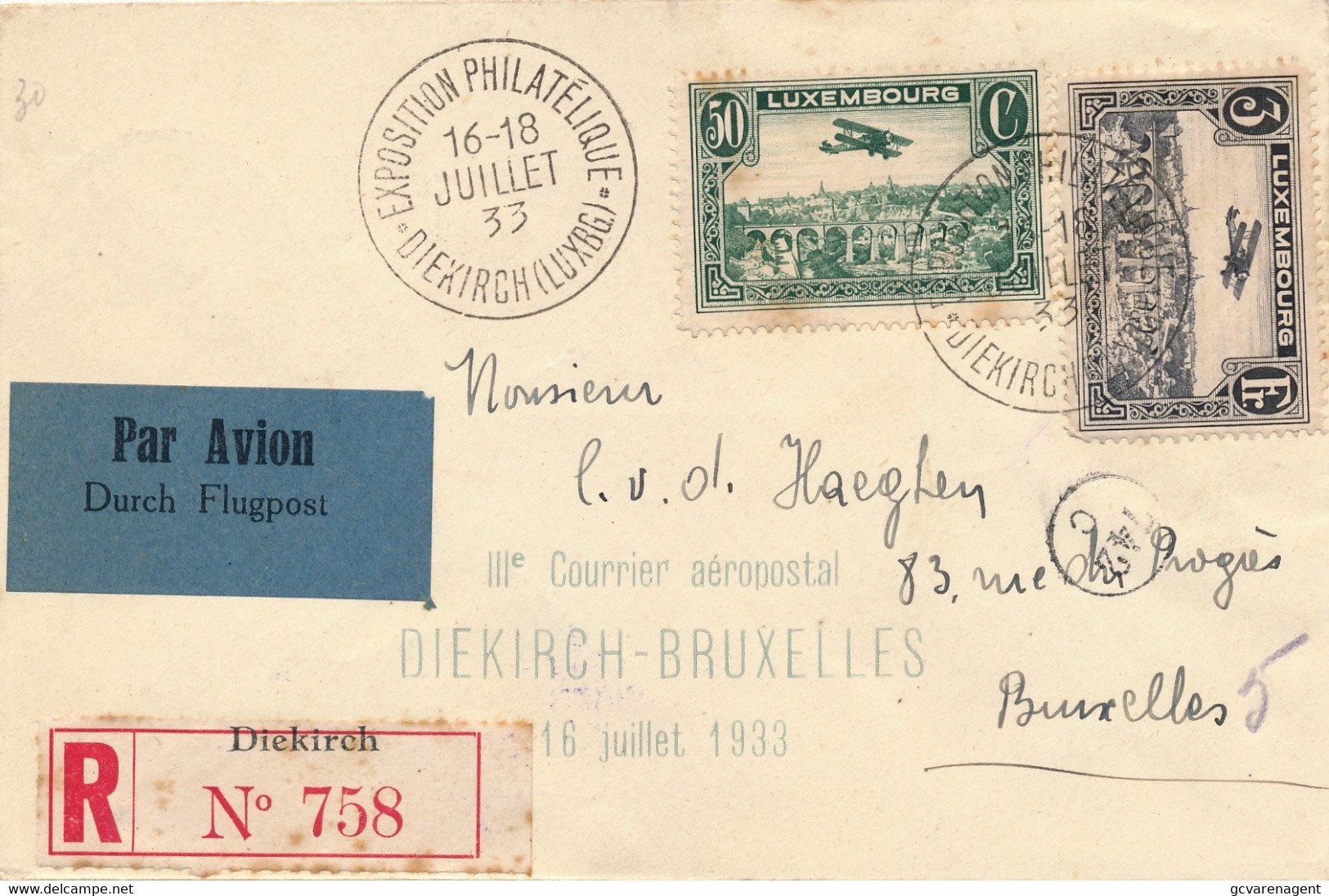 RECOMMANDE DIEKIRCH TO BRUXELLES 1933 ABSENT JUSQU'AU  AVIS REMIS         2 AFBEELDINGEN - Briefe U. Dokumente