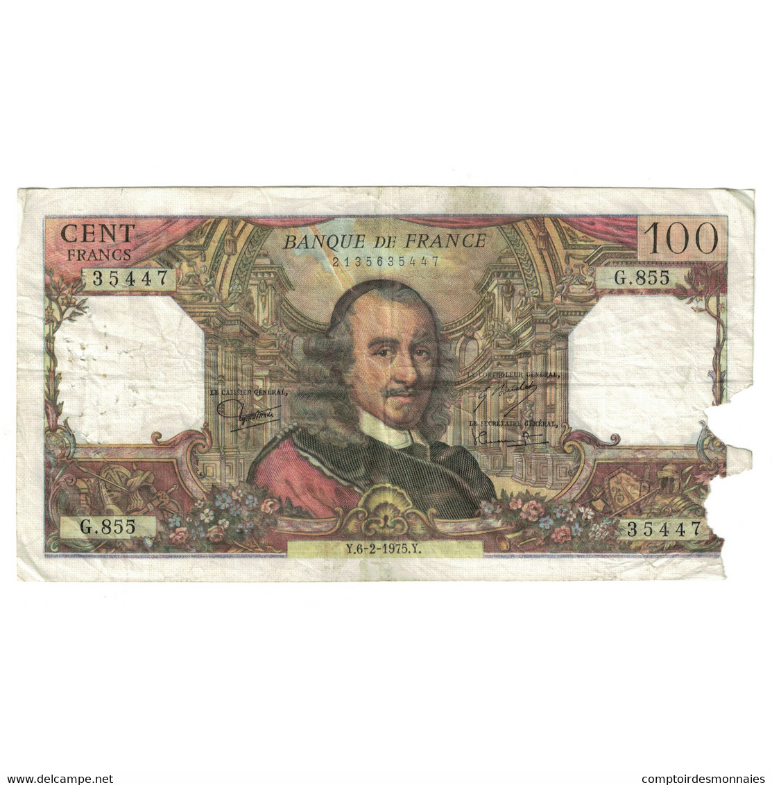 France, 100 Francs, Corneille, 1975, G.355, B+, Fayette:65.48, KM:149c - 100 F 1964-1979 ''Corneille''