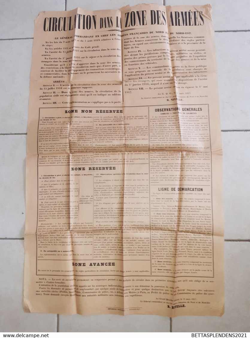 Affiche 1917 CIRCULATION Dans La ZONE DES ARMEES - Ligne De Démarcation - Zones Réservées - Général R.NIVELLE - Documentos