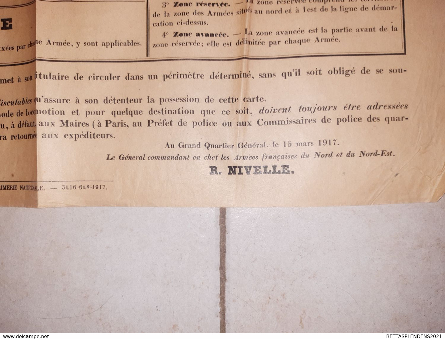 Affiche 1917 CIRCULATION Dans La ZONE DES ARMEES - Ligne De Démarcation - Zones Réservées - Général R.NIVELLE - Documents