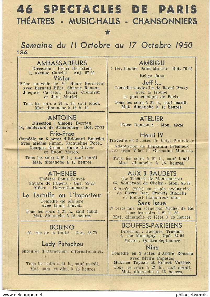 PARIS Programme Des 46 Spectacles Semaine Du 11-10 Au 17-10 1950 Pub Resto. LE MARIGNAN 27 Champs Elysées 4 Scans - Programmes