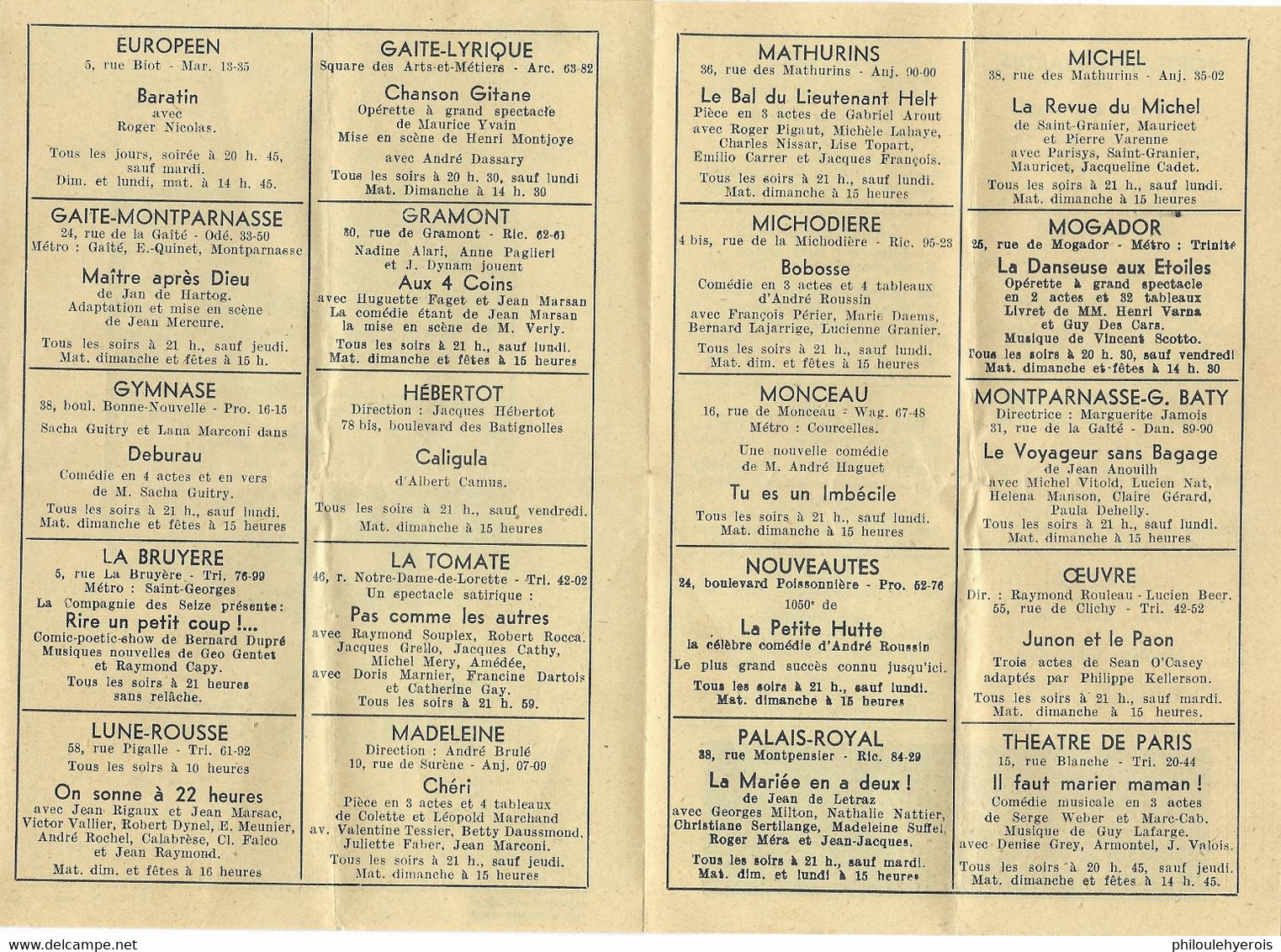 PARIS Programme Des 46 Spectacles Semaine Du 11-10 Au 17-10 1950 Pub Resto. LE MARIGNAN 27 Champs Elysées 4 Scans - Programmes