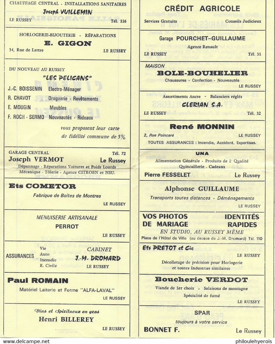 25 LE RUSSEY Programme Du Cinéma LE FOYER De 1971 Avec Pubs Des Commerces 4 Scans - Programmes