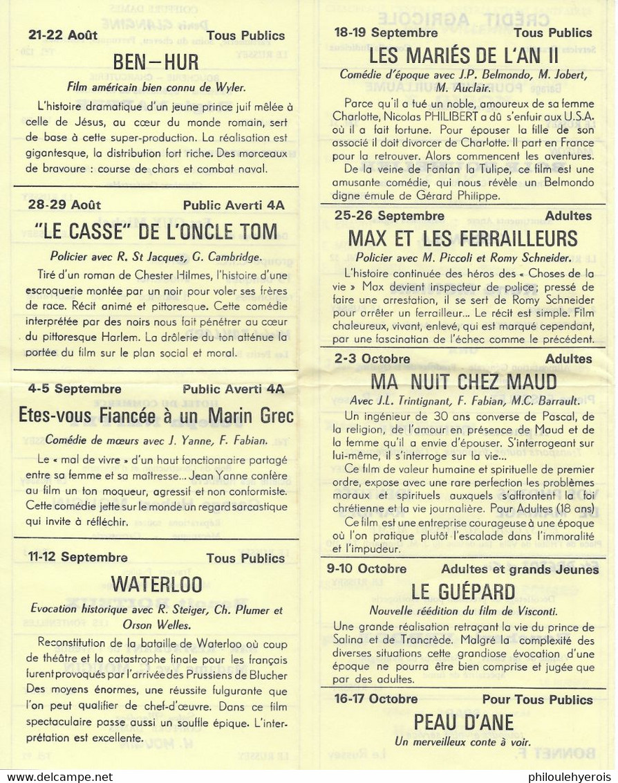 25 LE RUSSEY Programme Du Cinéma LE FOYER De 1971 Avec Pubs Des Commerces 4 Scans - Programmes