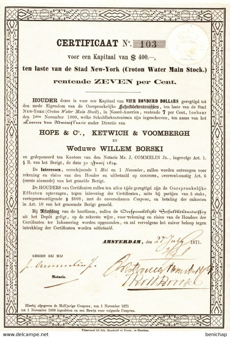 Hope & C° - Ketwich & Voombergh En Weduwe Willem Borski - Croton Water Main Stock - Amsterdam 27 Juillet 1871. - Agua