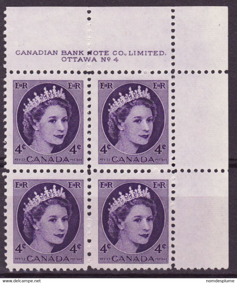 7861) Canada QE II Wilding Block   Mint No Hinge Plate 4 - Plate Number & Inscriptions