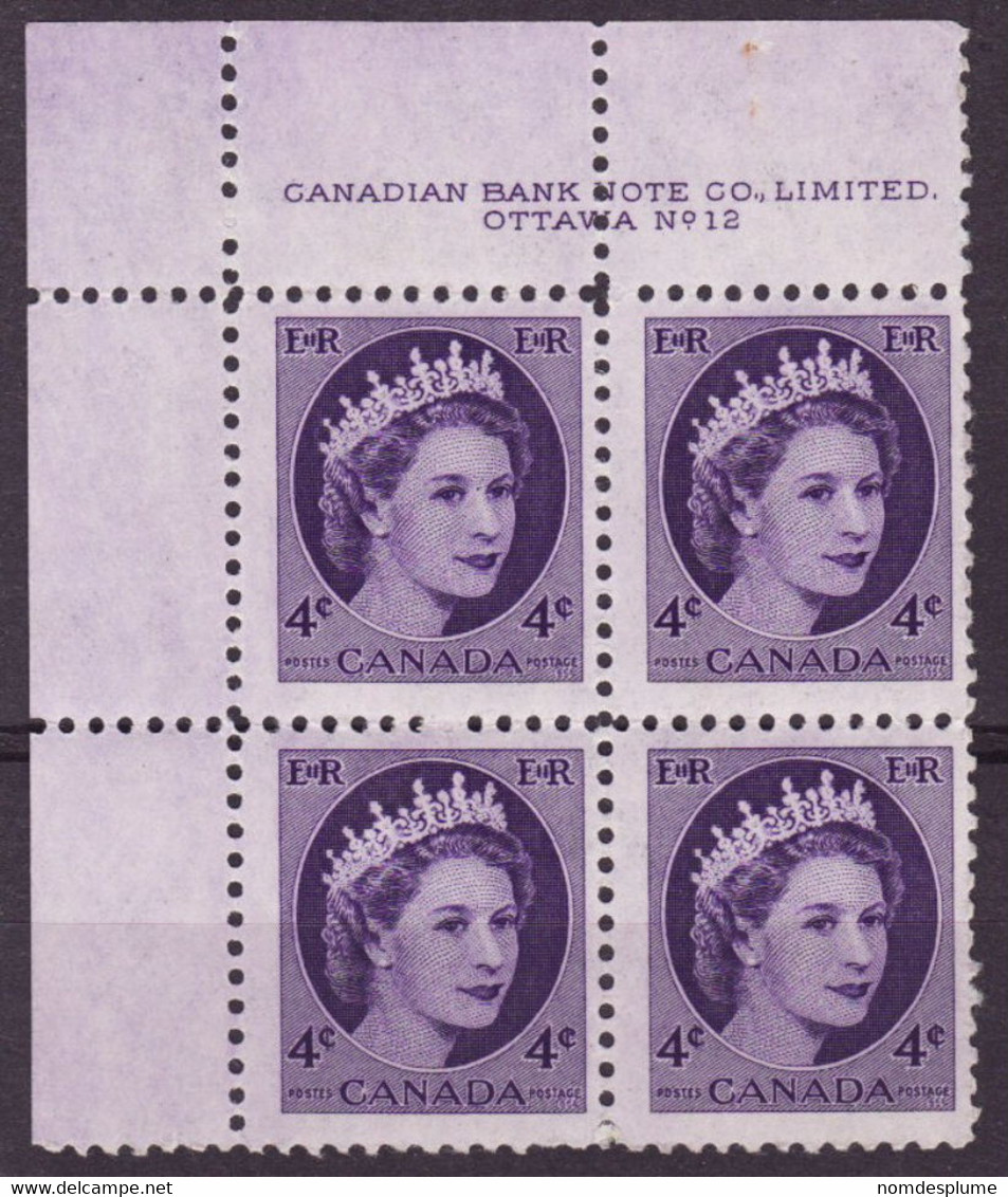 7868) Canada QE II Wilding Block   Mint  Light  Hinge Plate 12 - Plate Number & Inscriptions