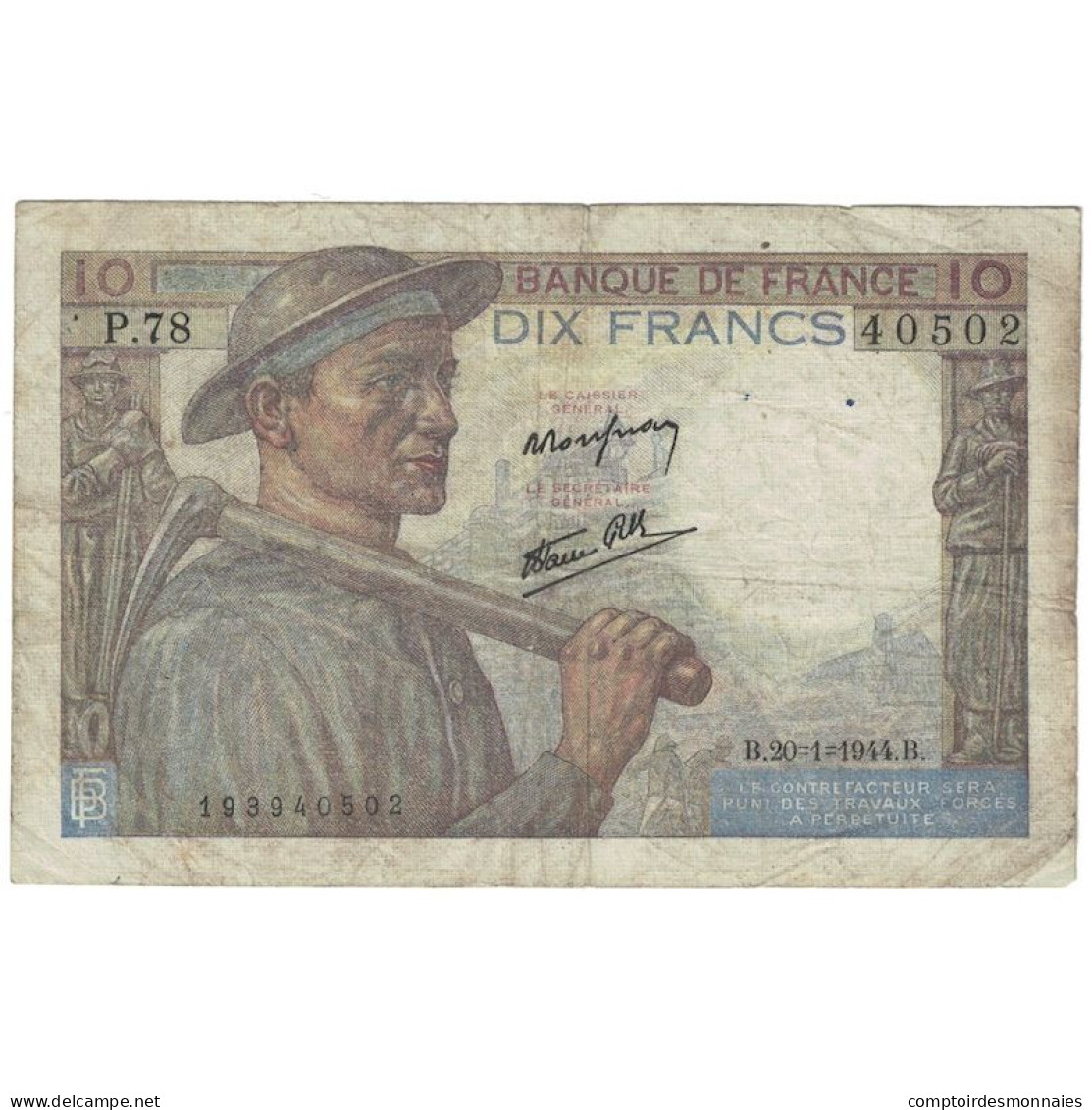 France, 10 Francs, Mineur, 1944, P.78, TB+, Fayette:8.11, KM:99c - 10 F 1941-1949 ''Mineur''