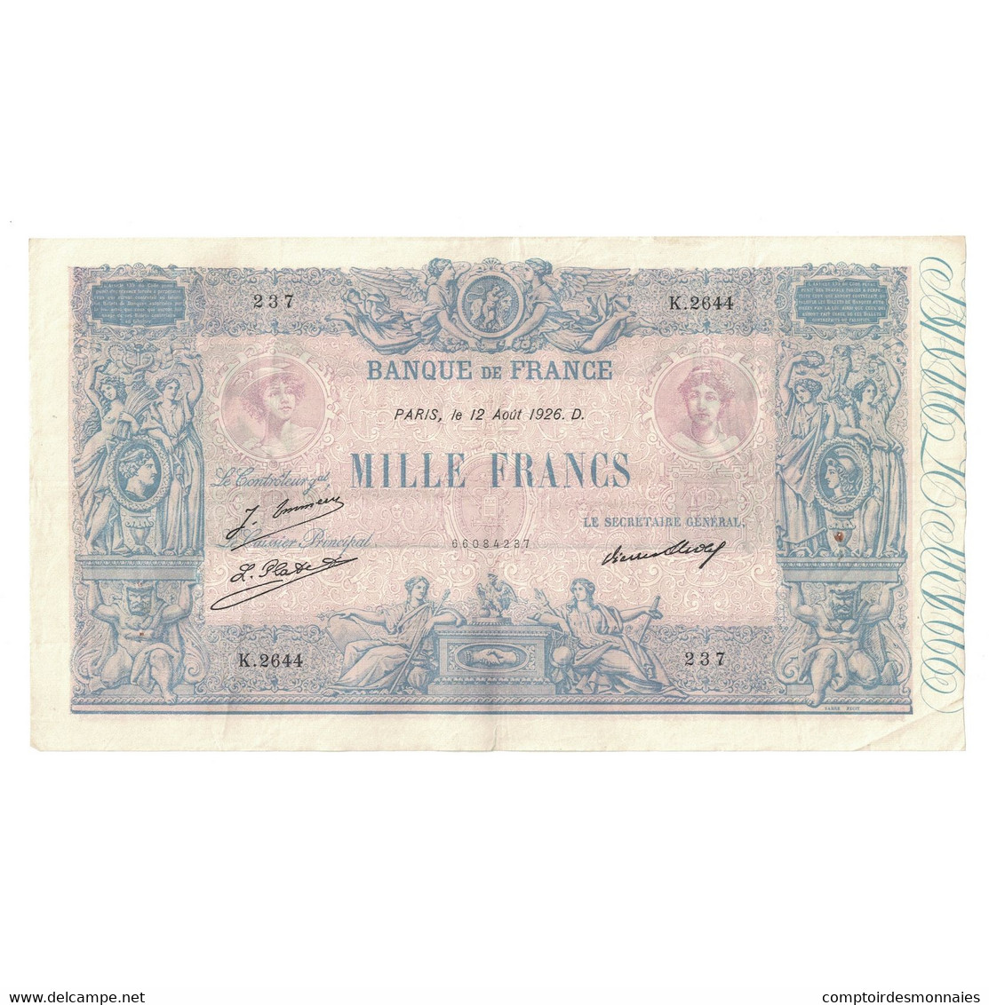 France, 1000 Francs, Bleu Et Rose, 1926, K.2644, TTB+, Fayette:36.43, KM:67k - 1 000 F 1889-1926 ''Bleu Et Rose''