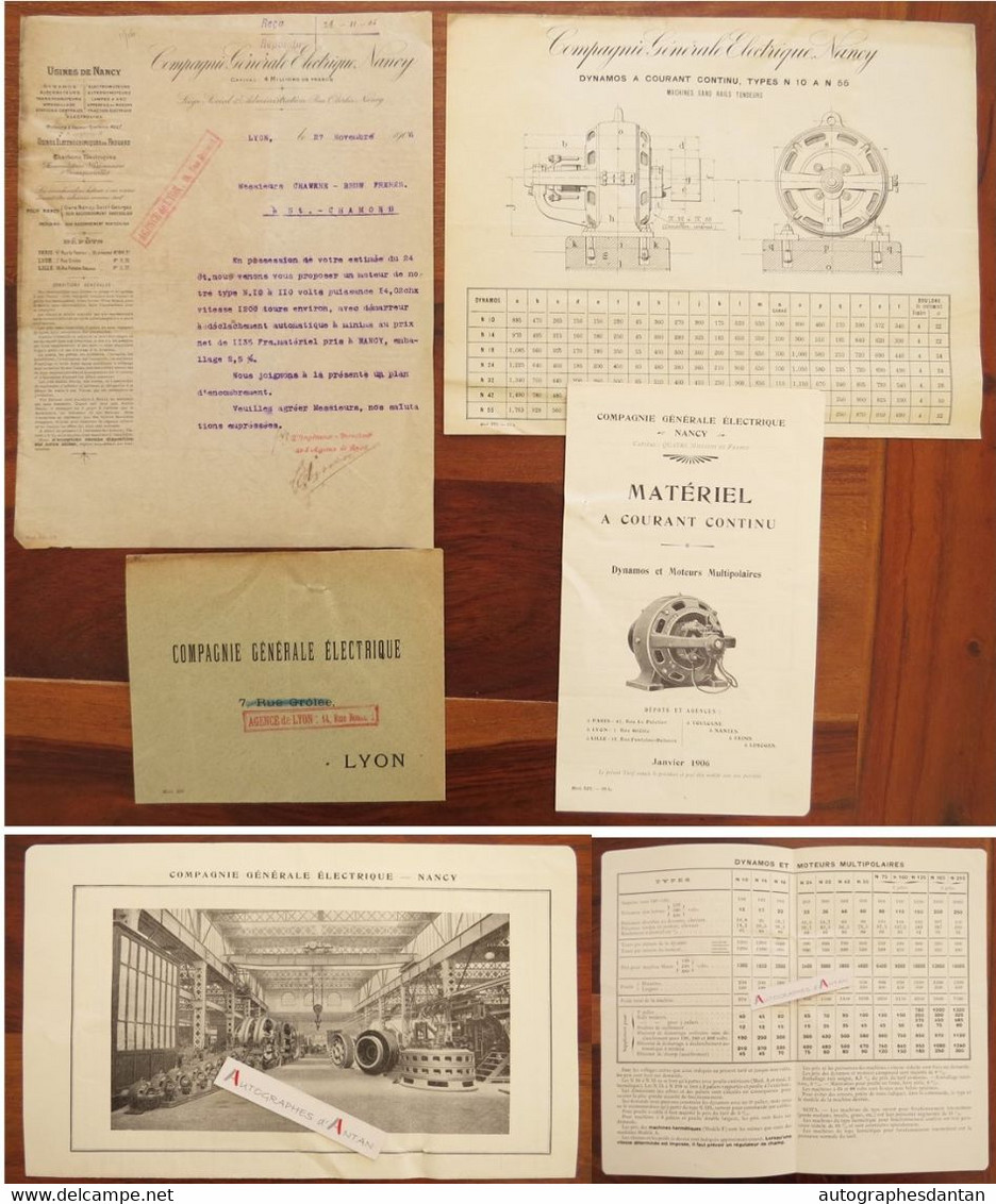 ● Lot 4 Documents Compagnie Générale électrique De Nancy Lettre 1906 + Catalogue Prix Matériel / Dynamos Moteurs - Otros Planes