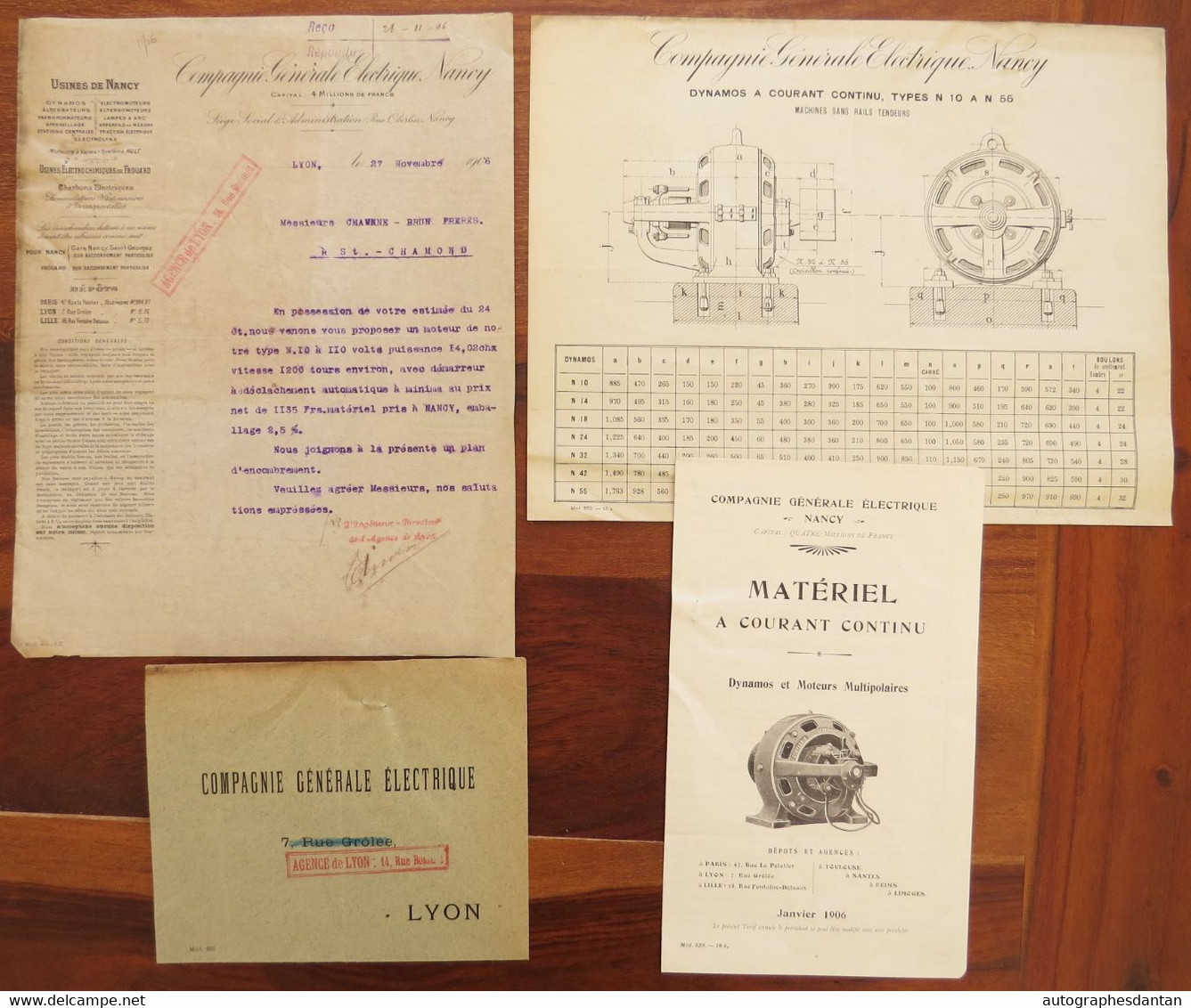 ● Lot 4 Documents Compagnie Générale électrique De Nancy Lettre 1906 + Catalogue Prix Matériel / Dynamos Moteurs - Other Plans