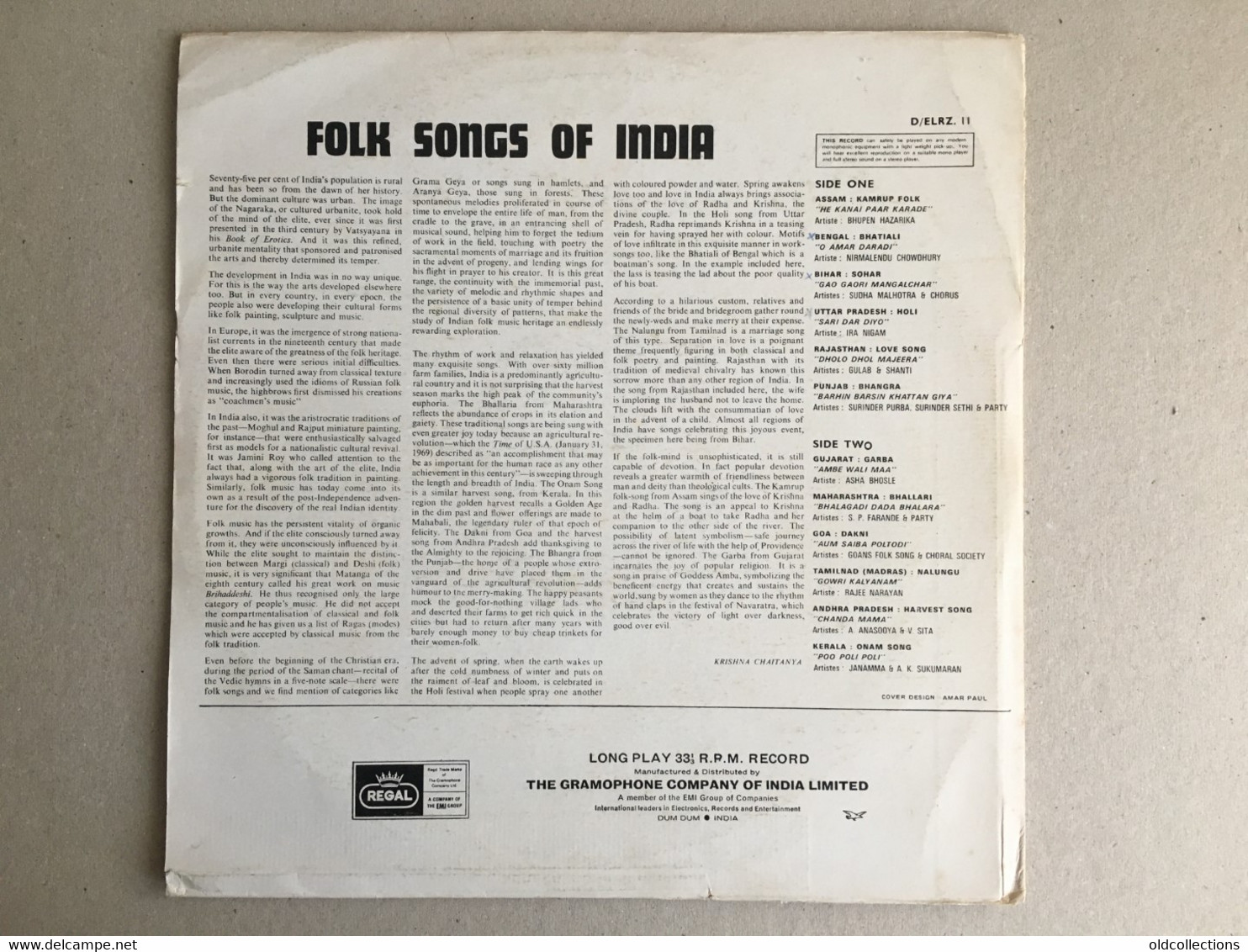 Schallplatte Vinyl Record Disque Vinyle LP Record - India Inde Indien Folk Songs Folklore Dum Dum Long Play Record - Música Del Mundo