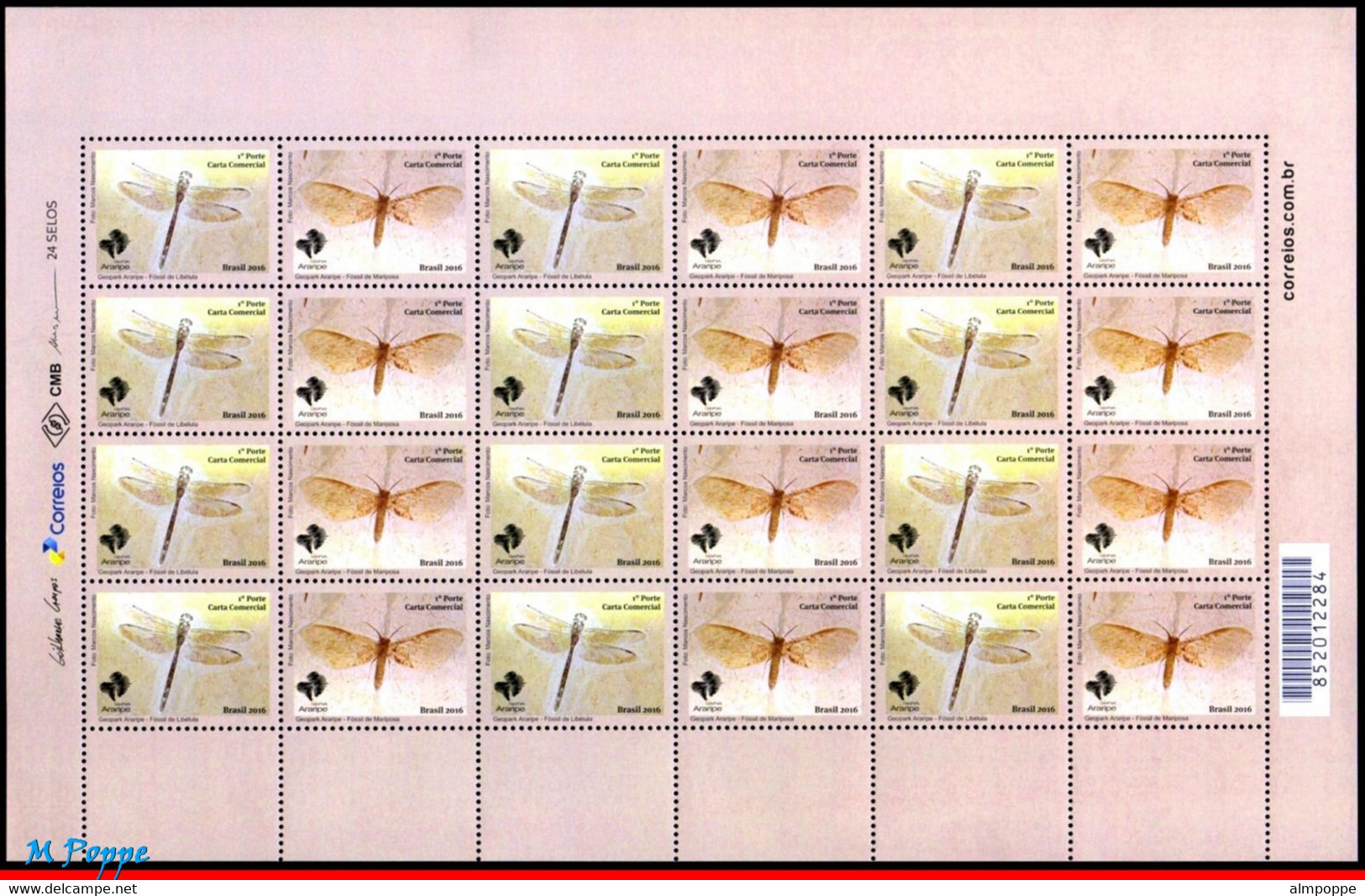 Ref. BR-V2016-26FO BRAZIL 2016 INSECTS, ARARIPE GEOPARK, INSECTS, FOSSILS, DRAGONFLY & BUTTERFLY,SHEET MNH 24V - Fossili